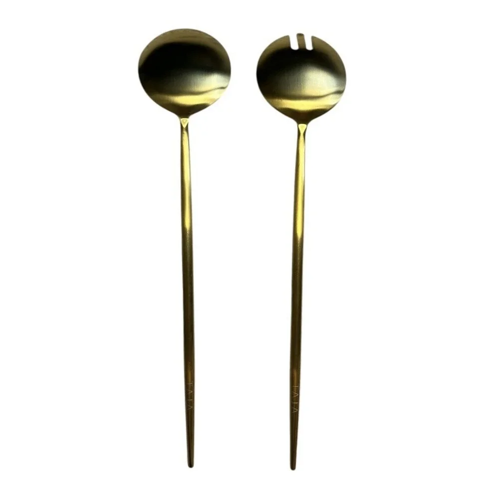 TAJA Collection Salad Servers Set Gold Stainless Steel Modern Brass Tone 11.8